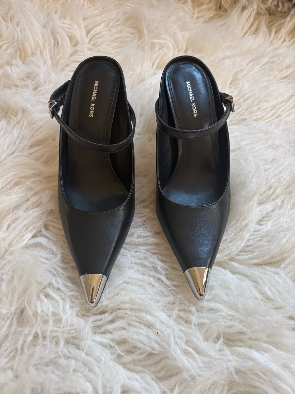 Michael Kors Kasia Black Leather Clear Heel Mule Pumps